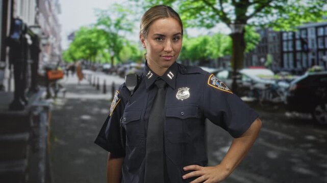 Woman police officer with visible badge and radio, hand on hip, standing in a tree lined street with parked cars and brick buildings; confidence duty.