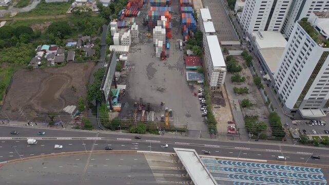 Pattaya Chon Buri Tollway And Container Shipping Yard In Bang Na Bangkok Thailand Drone Track Overhead 4K 60FPS