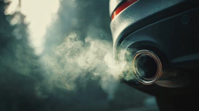 Stunning photo of closeup car exhaust pipe with visible CO2 smoke billowing out. Carbon emissions and global warming. Environmental problem with diesel and fossil fuels burning.