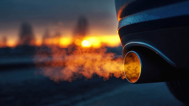 Stunning photo of closeup car exhaust pipe with visible CO2 smoke billowing out. Carbon emissions and global warming. Environmental problem with diesel and fossil fuels burning.