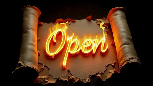 Burning word open written in flames on an old paper scroll. Fire calligraphy text design on parchment. Cinematic typography for business signage announcement.