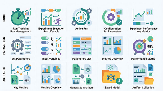 Flat vector icons for machine learning model development, experiment tracking, parameter tuning, performance metrics, and workflow artifact management