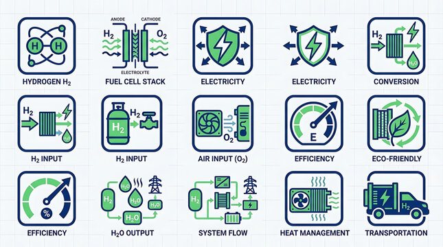 Set of Linear Icons for Hydrogen Fuel Cell Technology, Clean Energy Systems and Eco-Friendly Transportation Concepts