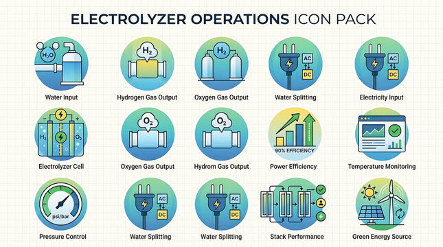Electrolysis process icons showcase various industrial hydrogen production methods and equipment