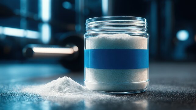 Stunning photo of creatine Monohydrate Powder Jar Mockup in Gym Setting for Bodybuilding Nutrition Supplement - Fitness Product Photography Concept.