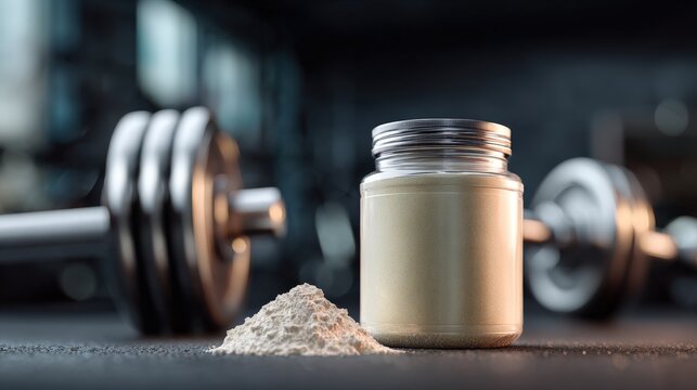 Stunning photo of creatine Monohydrate Powder Jar Mockup in Gym Setting for Bodybuilding Nutrition Supplement - Fitness Product Photography Concept.