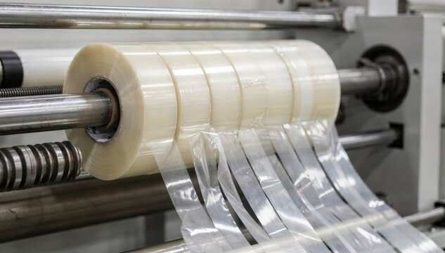 Medium shot of industrial machinery slitting a large clear adhesive tape jumbo roll into narrower strips for packaging and retail use.