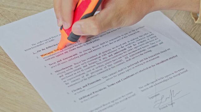 Close up of Hand marking terms on business contract with orange neon highlighter pen