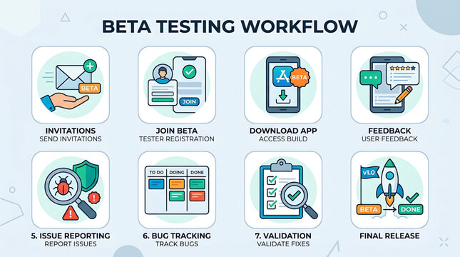 The infographic illustrates a comprehensive beta testing workflow with eight distinct steps.