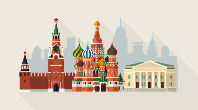 Moscow Kremlin and St. Basil's Cathedral flat design cityscape illustration