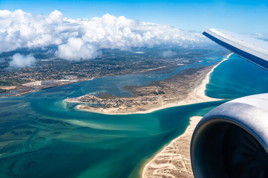 Bird's eye view of Armona island in Portugal. Parque Natural da Ria Formosa. Algarve coast near Faro
