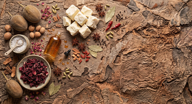Overhead photo of African baobab and marula beauty ingredients on tree bark