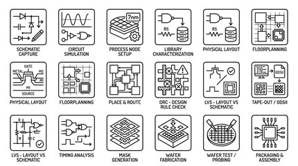 Obraz premium Graphic illustrations showcase various technical diagrams and scientific symbols with abstract shapes