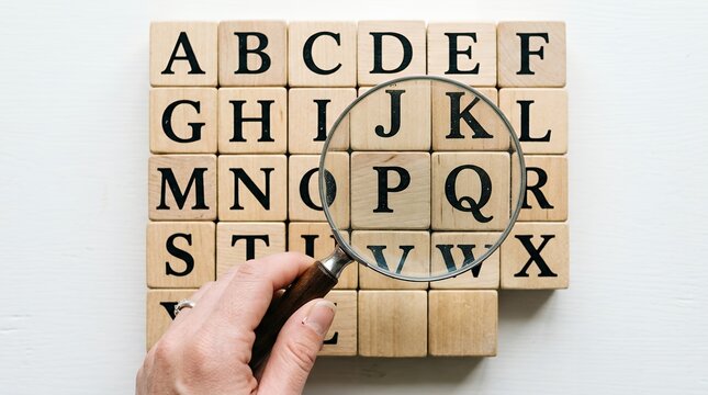 Wooden alphabet blocks with magnifying glass, person searching for letters on toy cubes, educational literacy and language learning concept
