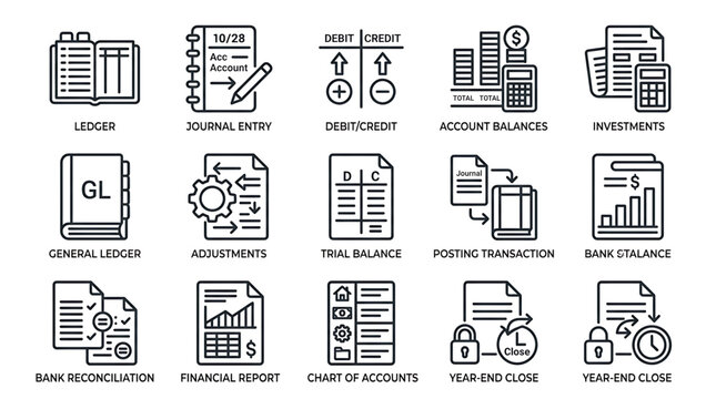 Accounting icons illustrate financial concepts with ledger, journal, and balance sheet visuals.