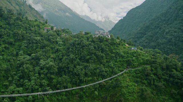 Bridge in Himalayas Mountains in Nepal, Jhinu Danda Suspension Bridge in the Annapurna Region on the Annapurna Sanctuary Trek, in the Trekking Region of Nepal with Beautiful Mountain Scenery