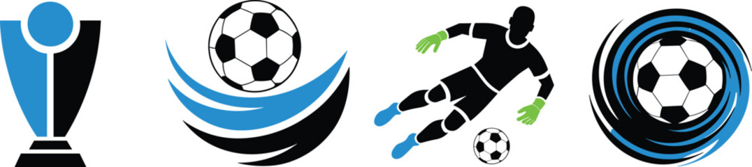 Football Icons: A collection of dynamic graphic icons representing football, including a trophy, a player in action, and abstract soccer ball designs, embodying the spirit of the game. © Basu Official 