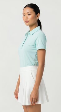 Woman in sportswear standing against a plain background