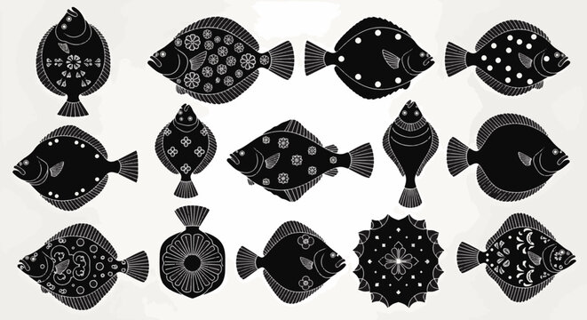 Collection of diverse flounder and flatfish silhouettes featuring intricate white line art patterns, floral motifs, and geometric mandalas on a black base, isolated on a light background.