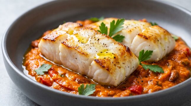 Baked White Fish Fillet in Tomato Sauce with Fresh Herbs