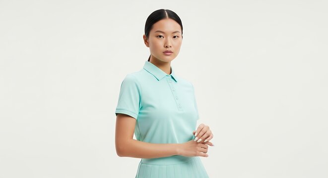 Woman in teal polo shirt posing against white backdrop