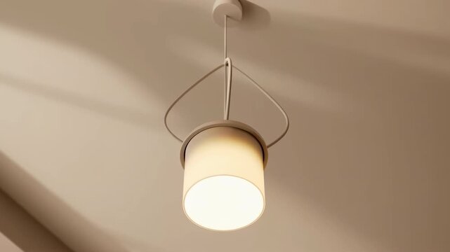 Modern cylindrical pendant light with warm frosted glow, gentle rotation, and shifting ceiling shadows seen from low upward angle in clean neutral interior, with lamp, pendant, ceiling, light detail