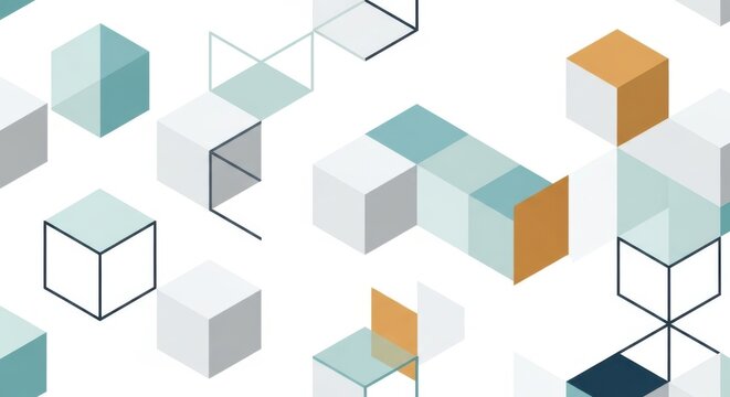 Abstract geometric pattern of isometric cubes and cuboids with light blue orange and grey tones