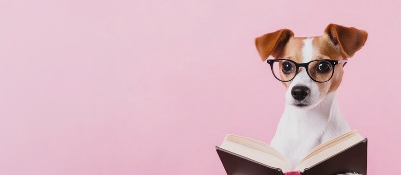A small white and brown Jack Russell Terrier wearing glasses sits with an open book against a pink background. The dog appears curious and attentive.