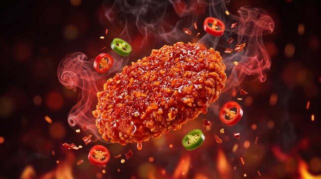 Spicy fried chicken fillet with red chili peppers and smoke, hot crispy breaded chicken cutlet on fire background, gourmet fast food advertising