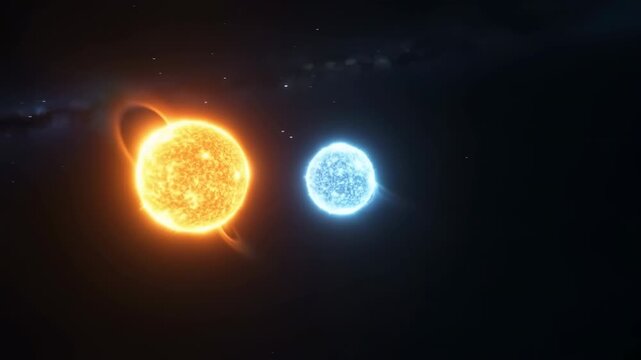 Luminous binary star pair with orange primary, blue-white companion, bright overlap region, curved accretion bridge, dual halos, and dark starfield backdrop in deep space