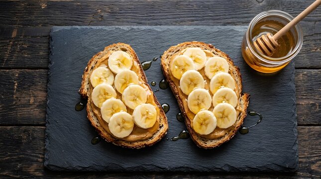 Honey Drizzled Toast with Banana Slices on Dark Rustic Breakfast Table