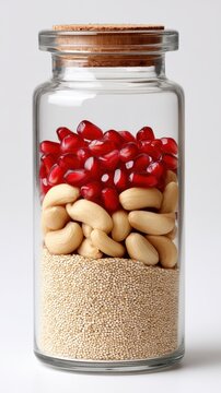 Layers of pomegranate seeds cashews and quinoa in a glass jar