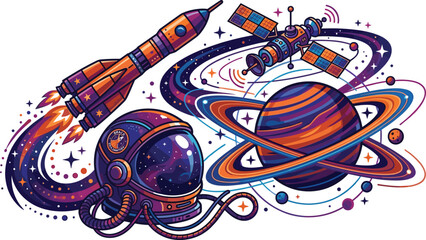Outer Space Exploration Vector Illustration with Launching Rocket Ship, Ringed Planet, Astronaut Helmet, and Communication Satellite for Sci-Fi Astronomy Designs © EdGe Creative