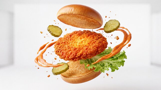 Crispy fried chicken burger with flying ingredients, levitating spicy chicken sandwich on white background, gourmet fast food explosion with pickles