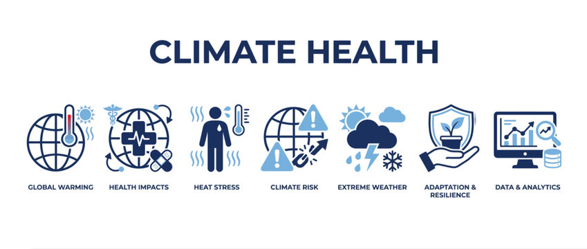 Climate health icon set, global warming vector icons, extreme weather and risk graphics