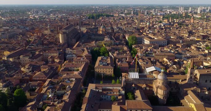 Bologna Historic City With Terracotta-colored Rooftops And Medieval Architecture In Italy. - aerial shot