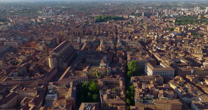 Basilica of San Petronio in Piazza Maggiore In Bologna, Italy. - aerial shot
