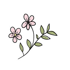 Fototapeta premium Pink Floral Illustration With Two Simple Flowers and Scattered Green Leaves on Black Background