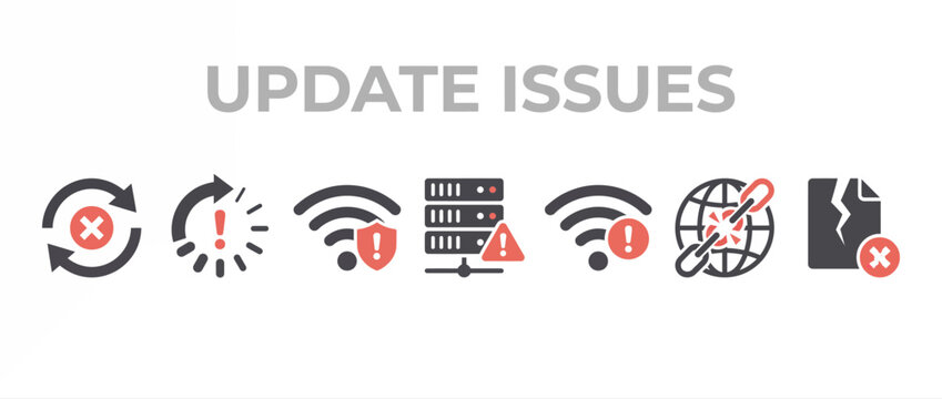 System update issues icon set, server connection error symbols, broken network vectors
