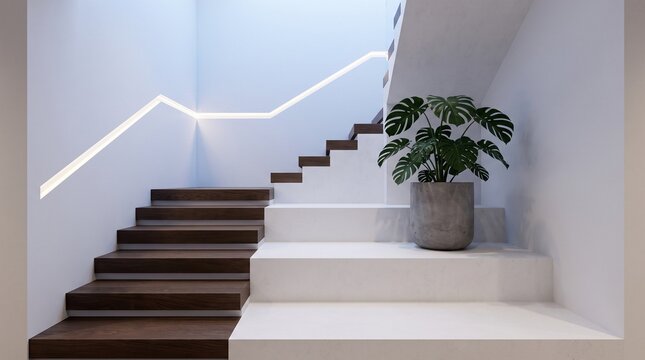 Modern White Staircase with Indoor Plant in Luxury Minimal Interior