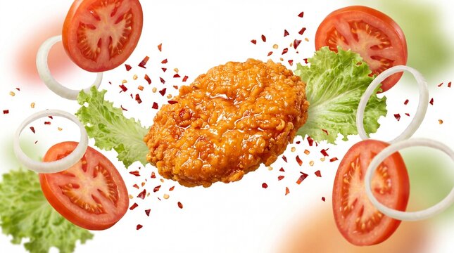 Crispy fried chicken fillet with flying burger ingredients, levitating tomato slices and onion rings, fresh lettuce and chili flakes on white background
