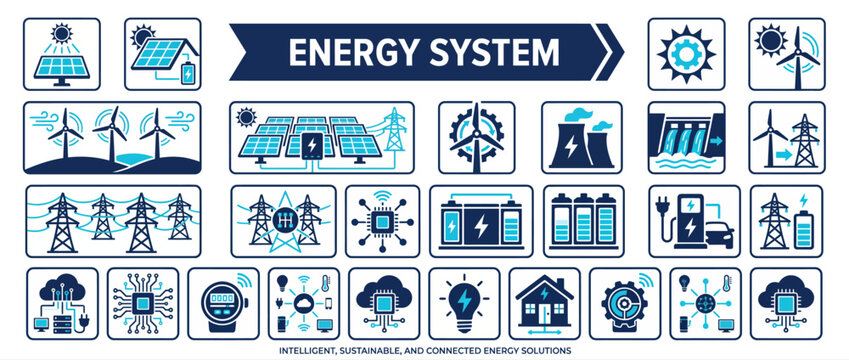 Renewable energy system icon set, smart grid power generation vector, green technology