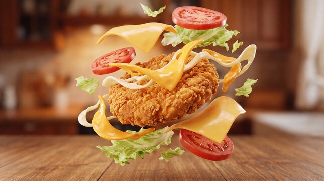 Exploding crispy chicken burger ingredients, flying fried poultry patty with melting cheese and fresh vegetables, levitating fast food sandwich components