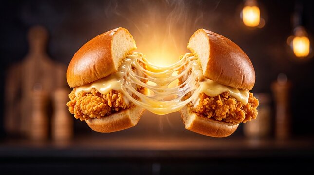 Crispy fried chicken burger with melting cheese pull, gourmet chicken sandwich on brioche bun, hot fast food advertising photography