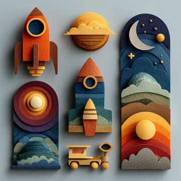 Creative 3D space universe layout with rocket moon and clouds, 로켓 달 구름이 있는 창의적인 3D 우주 유니버스 레이아웃 일러스트