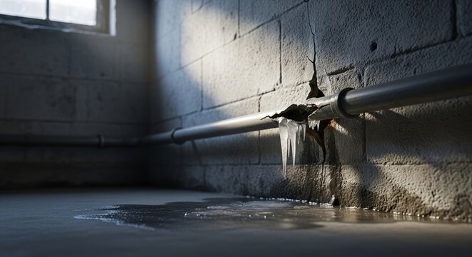 Water leaking from broken pipe in basement with sunlight illuminating the scene. Cold weather pipe split causes water damage on concrete floor, creating puddles and potential repair needs.