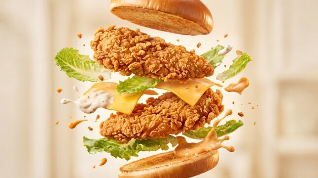 Levitating crispy chicken burger with flying ingredients, deconstructed fried chicken sandwich, exploding fast food burger with lettuce and cheese