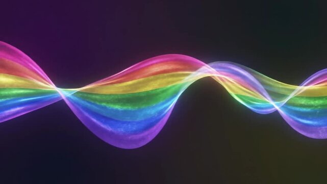Vibrant glowing rainbow wave smoothly undulates across a dark abstract background.
