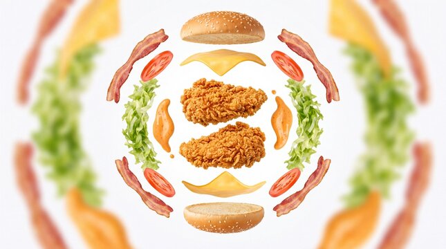 Exploding fried chicken burger ingredients, deconstructed crispy chicken sandwich with bacon and cheese, flying fast food components on white background