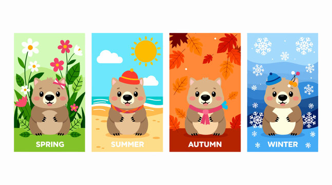 Wombat Seasons Spring Summer Autumn Winter Cute Cartoon Character